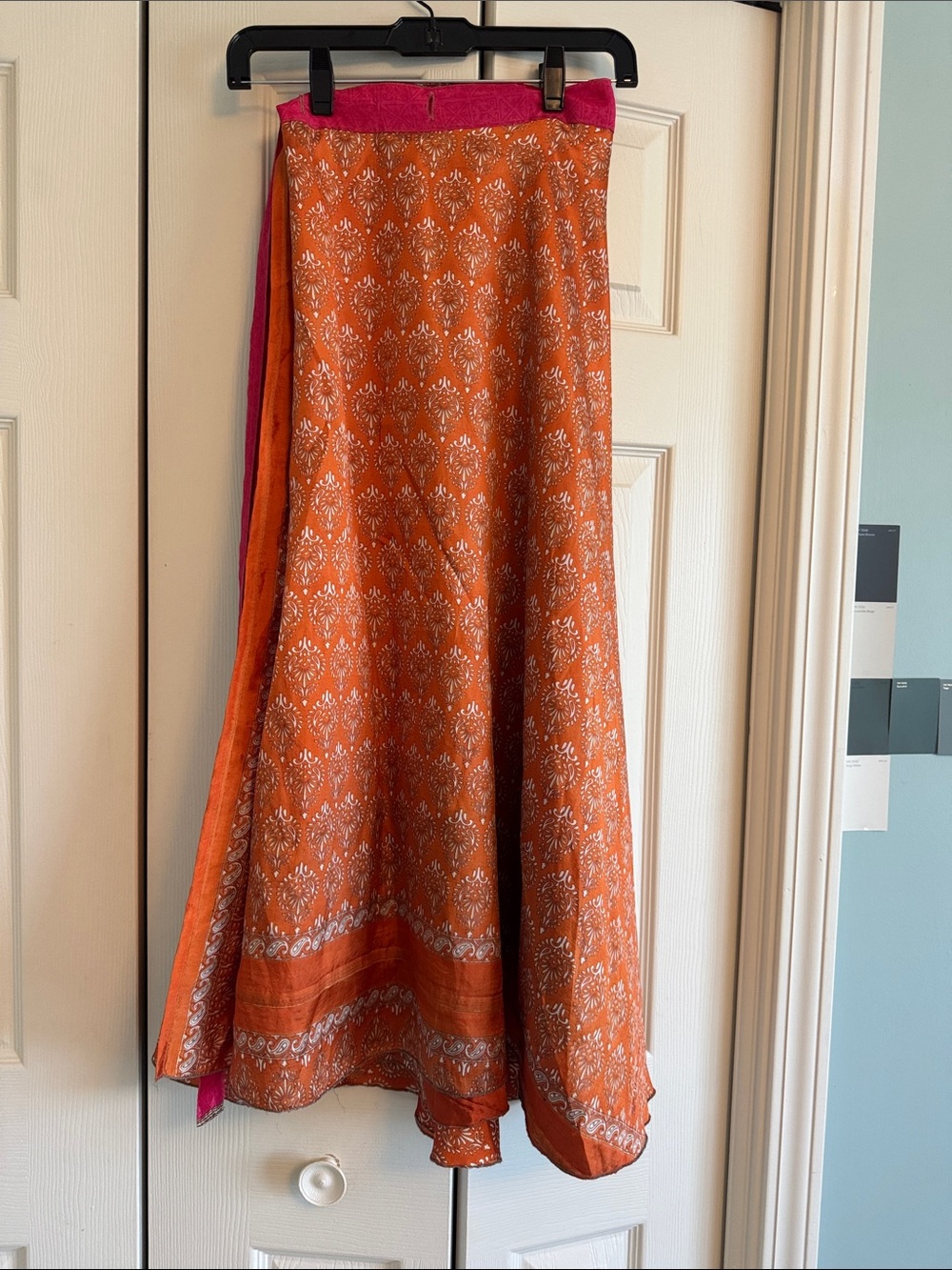 Reversible orange and pink Printed Maxi Skirt with Pink Waistband